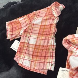 NWT Passport Ivory Coral Plaid Button-Down Short Sleeves Crop Top Shirt Blouse L
